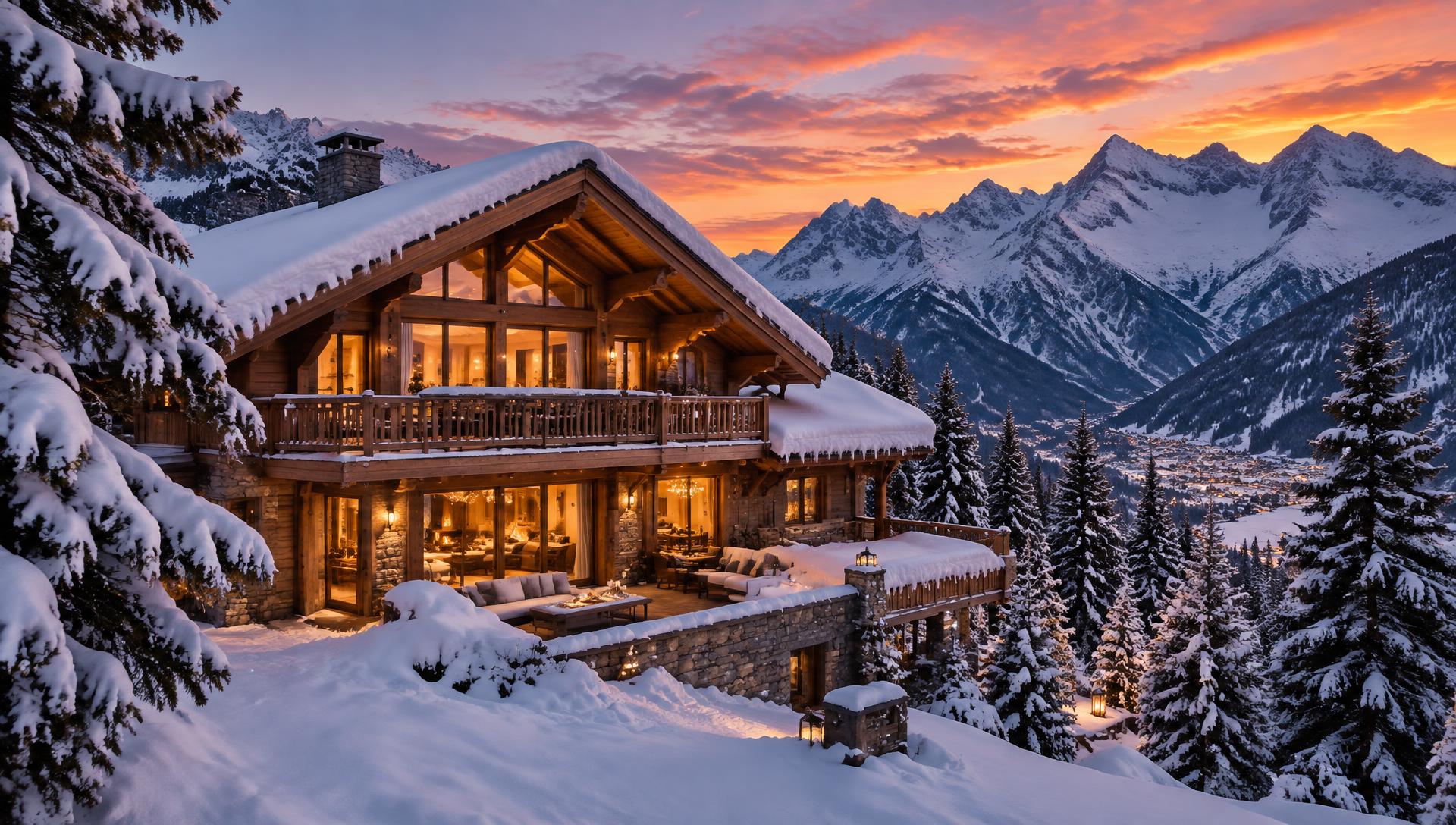 Luxury chalet at sunset in the Alps